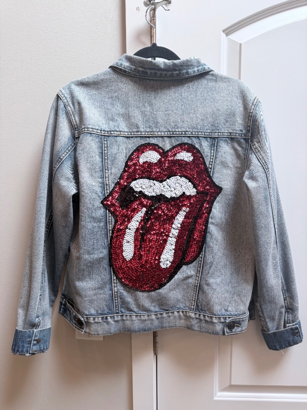 Sage Denim Jacket with Rolling Stone Tongue sequence back Size M